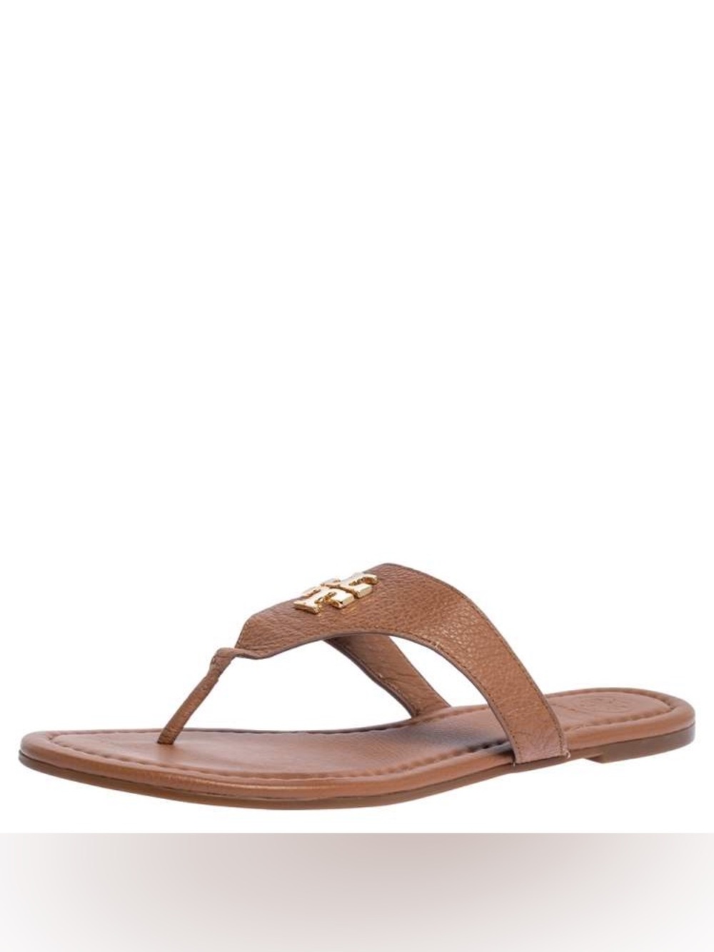 Tory Burch Tan Leather Thong Sandal with Gold Logo 7.5